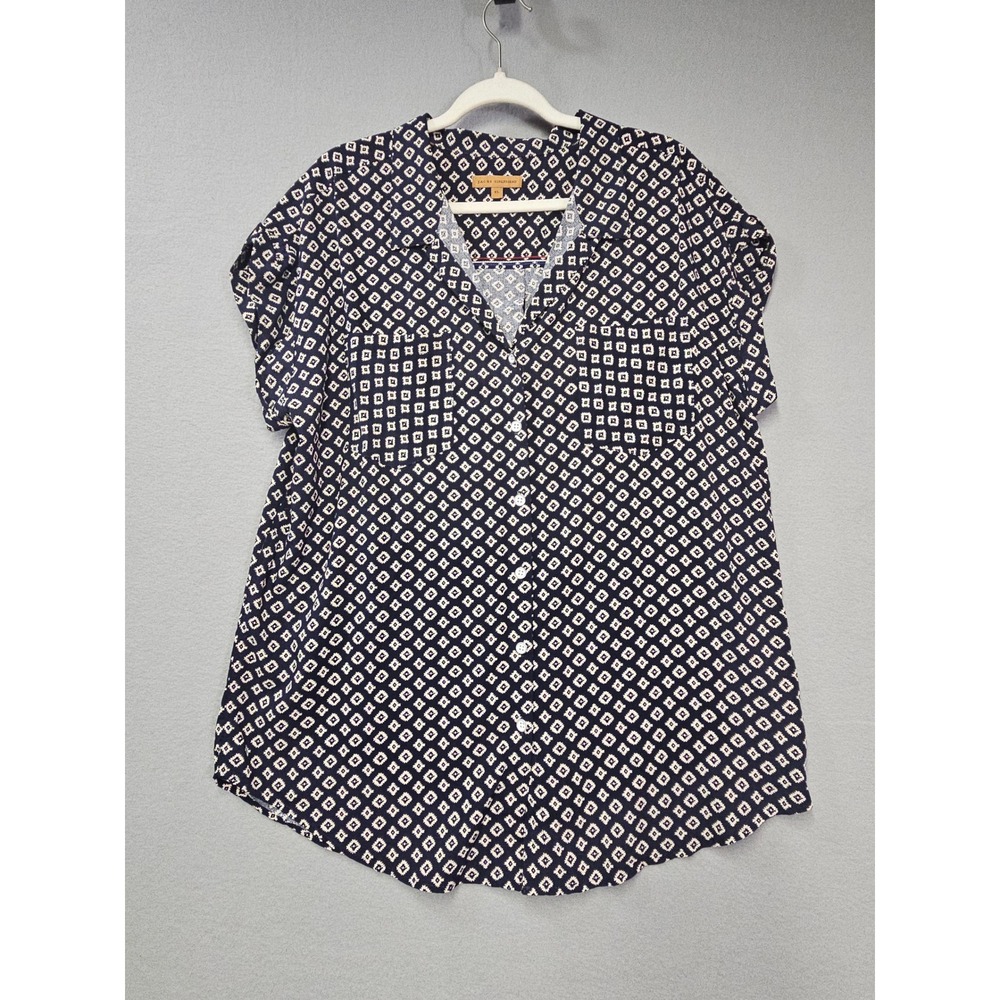 Jachs Girlfriend Navy White Geometric Diamond Rayon Button Down Top XL